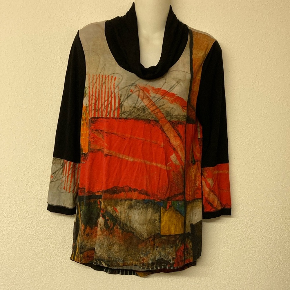 Simply Art by Dolcezza Abstract Tunic Top Womens Size S Cowl Neck Hi Lo Stretch